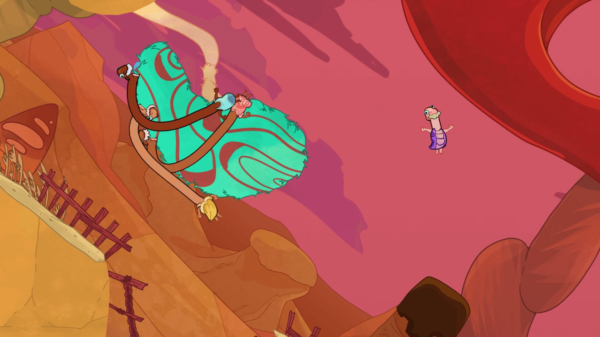 Esophaguys is a party-platformer made from long necks, school sketches, and full couches